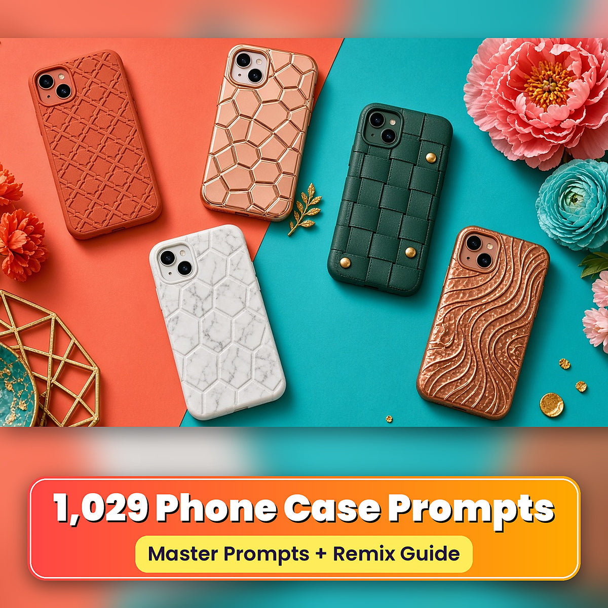 1,029 Phone Case Prompts Complete Library: Made with prompts #466 · #779 · #27 · #135 · #929 – realistic UV-printed mockup