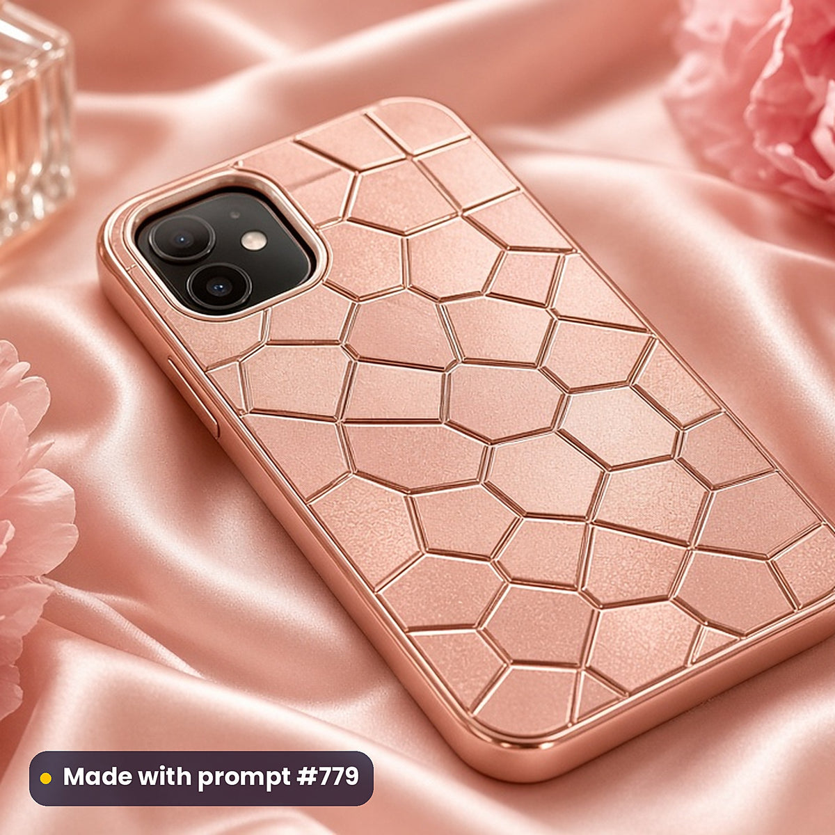 1,029 Phone Case Prompts Complete Library: Made with prompt #779 – realistic UV-printed mockup (Rose-Gold Bevelled Tiles – Bronze)