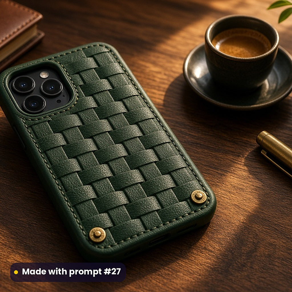 1,029 Phone Case Prompts Complete Library: Made with prompt #27 – realistic UV-printed mockup (Woven Leather Strips – Forest Green Leather)