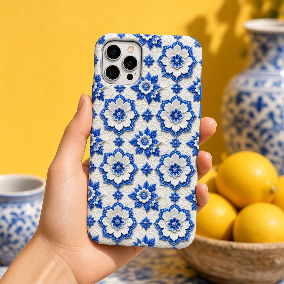 Hand holding a phone in a blue and white carved floral rosette ceramic-look case against a yellow wall with lemons, made with prompt #477
