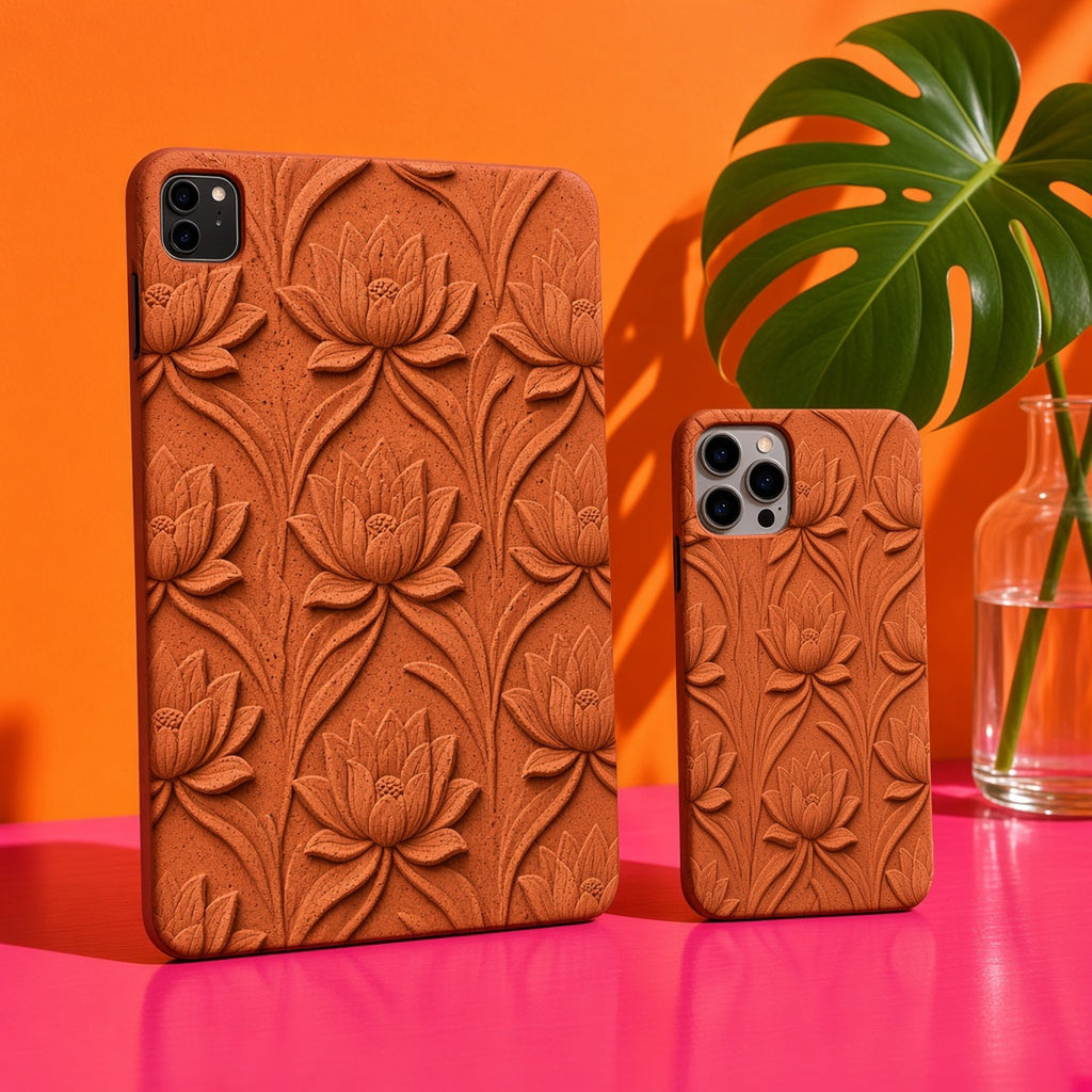 Tablet and phone cases in terracotta carved lotus relief on a pink desk against an orange wall, made with prompt #556
