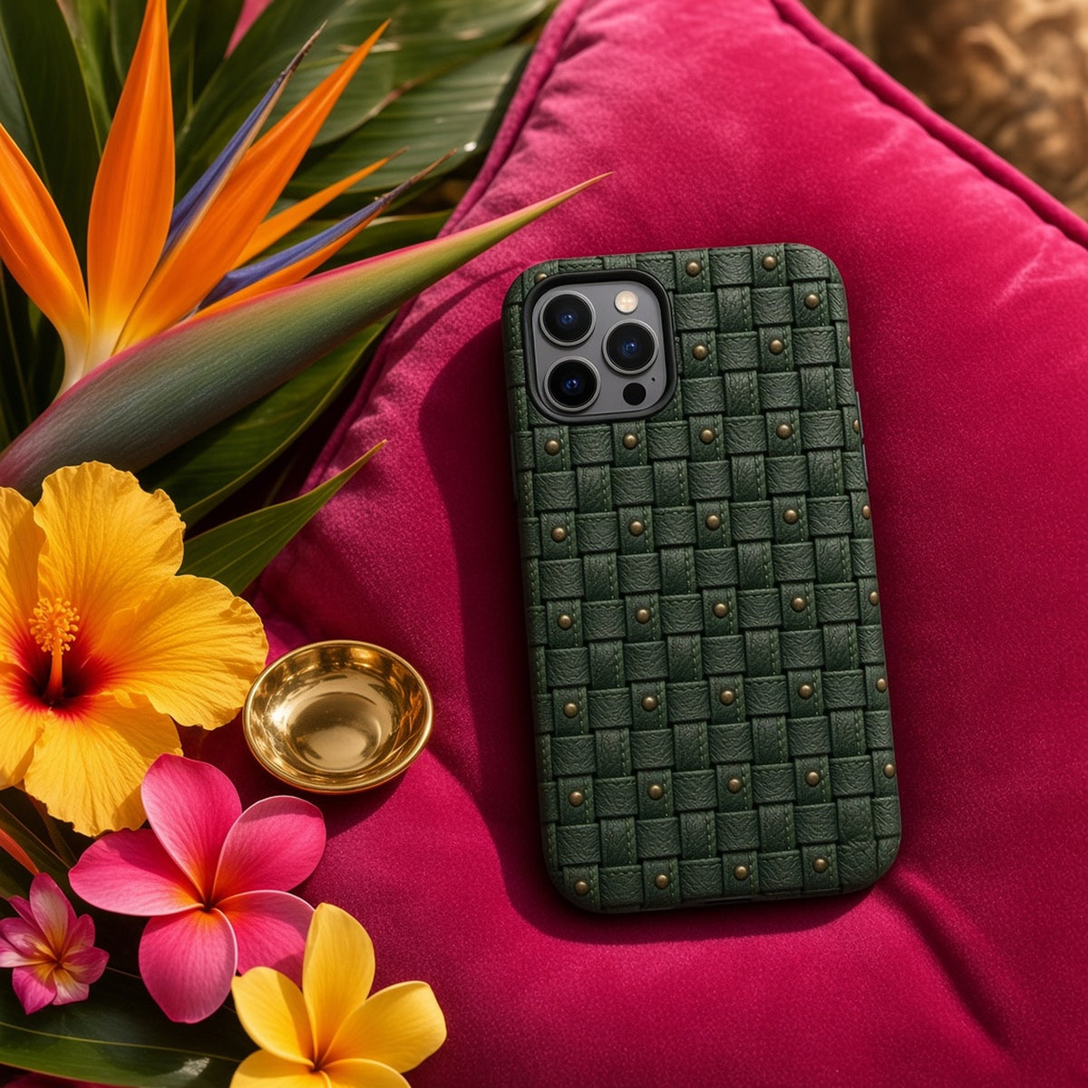Phone in a forest-green basket-weave leather case with brass studs on a magenta velvet cushion with tropical flowers, made with prompt #53