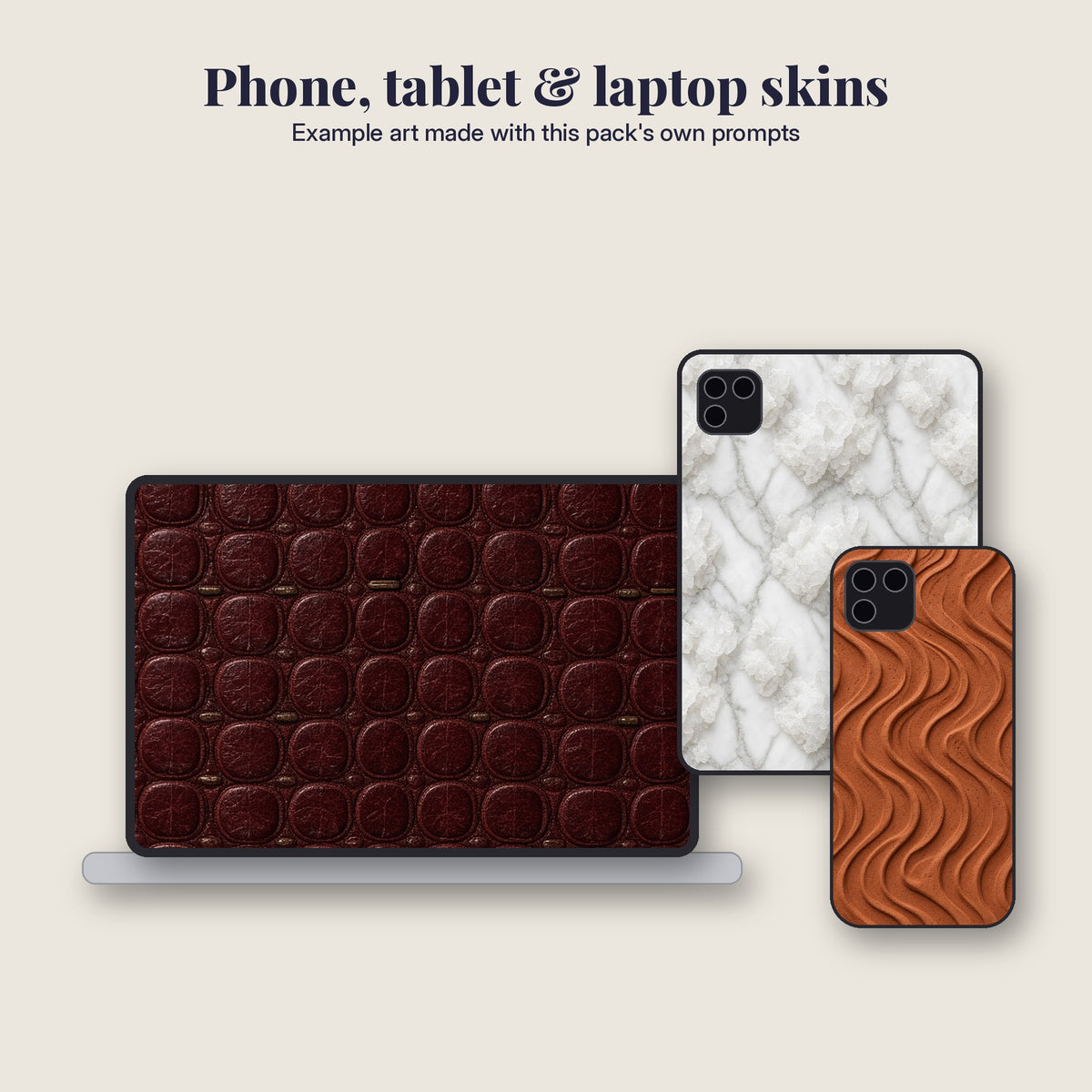 Flat mockup of a laptop skin, tablet case and phone case with example art made with the Material & Texture Library prompts #5, #171, #323