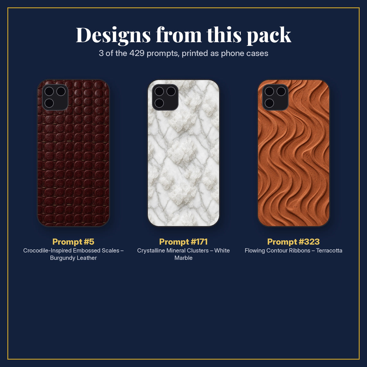3 phone case designs from the Material & Texture Library: prompt #5 Crocodile-Inspired Embossed Scales – Burgundy Leather; prompt #171 Crystalline Mineral Clusters – White Marble; prompt #323 Flowing Contour Ribbons – Terracotta
