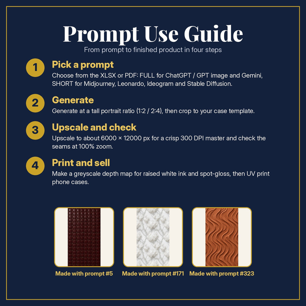 Prompt Use Guide for the Material & Texture Library: pick a prompt, generate, upscale and check, print and sell, with sample products made with the pack's prompts