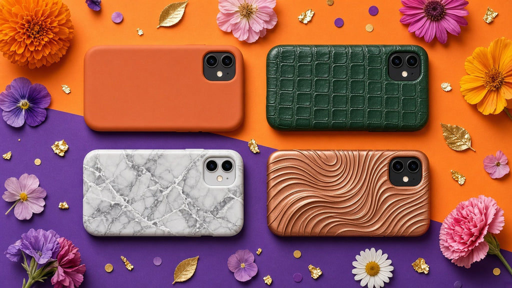 Material Library phone case prompts: example UV relief phone cases in leather, marble, crocodile and wave textures