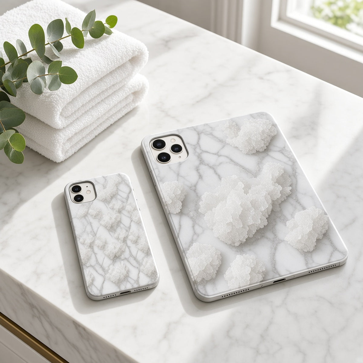 Phone and tablet cases in white marble with raised crystalline mineral clusters on a bathroom vanity, made with prompt #171