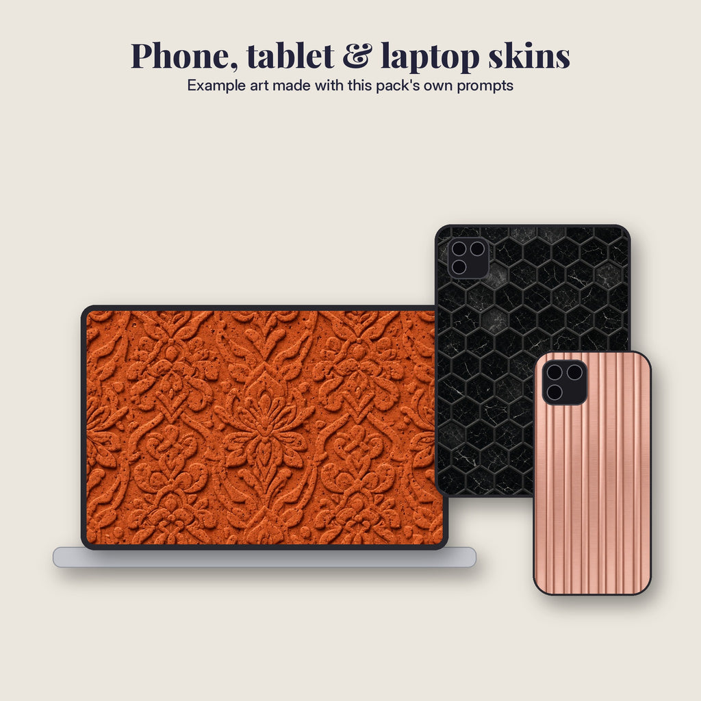 Flat mockup of a laptop skin, tablet case and phone case with example art made with the Pattern & Relief Library prompts #247, #97, #505