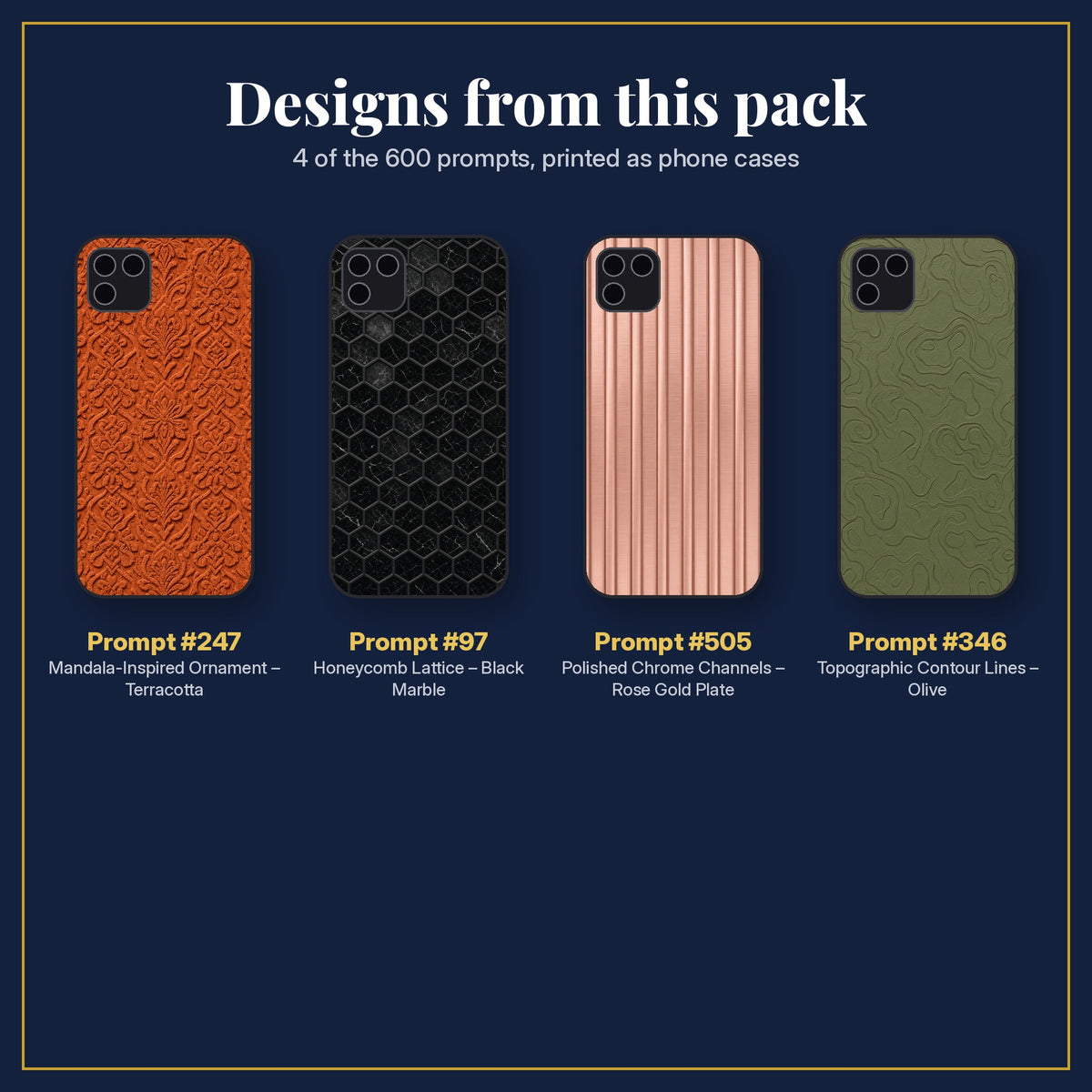 4 phone case designs from the Pattern & Relief Library: prompt #247 Mandala-Inspired Ornament – Terracotta; prompt #97 Honeycomb Lattice – Black Marble; prompt #505 Polished Chrome Channels – Rose Gold Plate; prompt #346 Topographic Contour Lines – Olive