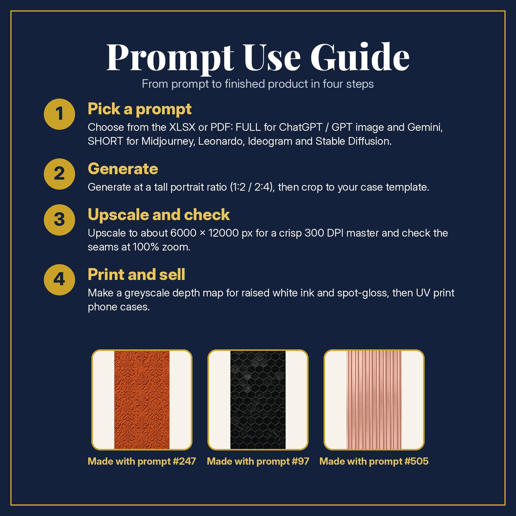 Prompt Use Guide for the Pattern & Relief Library: pick a prompt, generate, upscale and check, print and sell, with sample products made with the pack's prompts