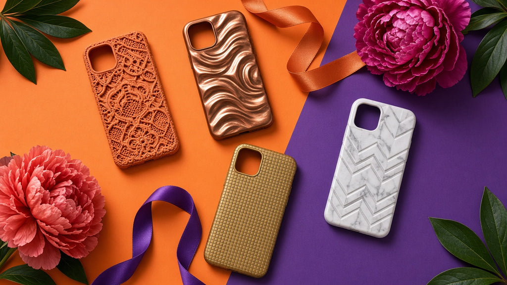 Pattern Library phone case prompts: example UV relief phone cases with lace, wave and grid patterns