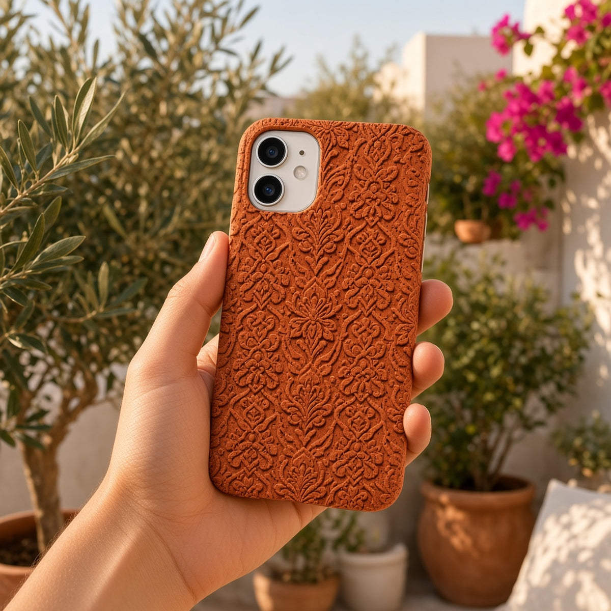 Hand holding a phone in a terracotta mandala ornament relief case on a sunny garden terrace, made with prompt #247