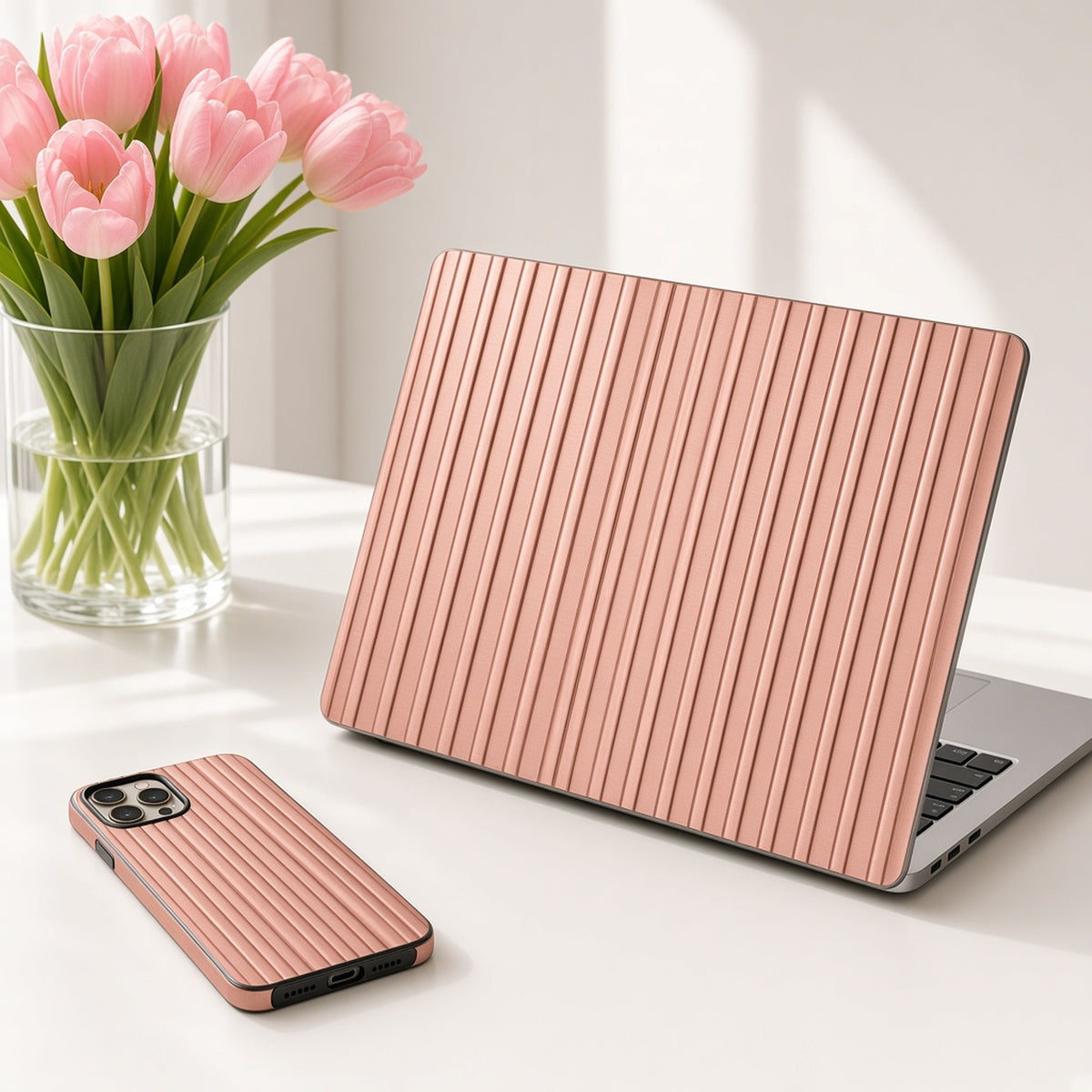 Laptop skin and phone case in rose-gold polished chrome channels on a white desk with pink tulips, made with prompt #505