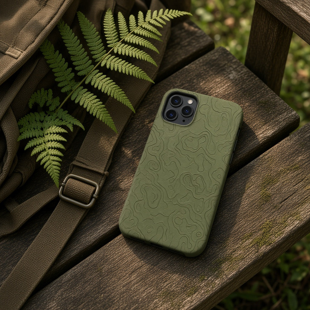 Phone in an olive topographic contour lines relief case on a wooden bench with ferns, made with prompt #346