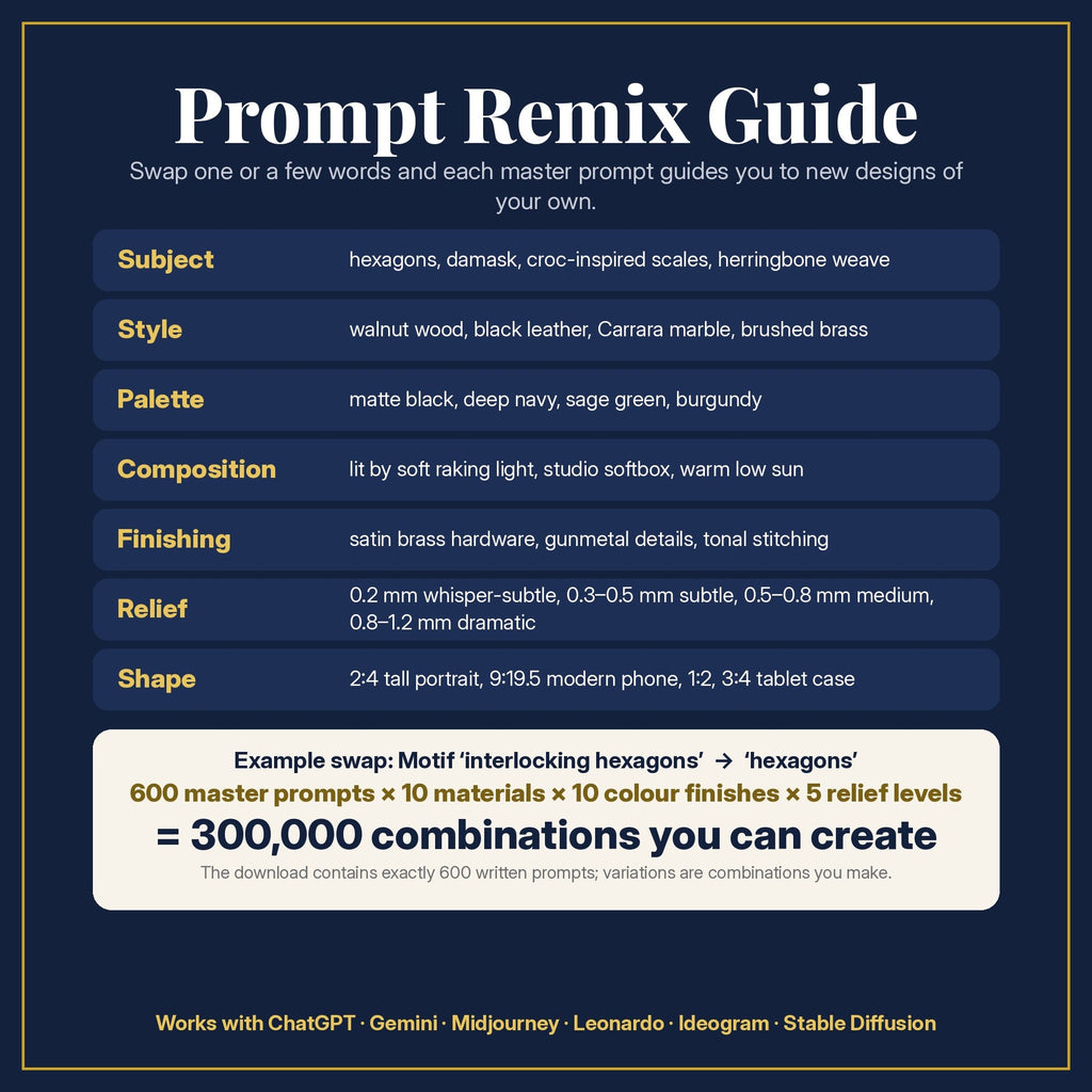 Prompt Remix Guide for the Pattern & Relief Library: 600 master prompts × 10 materials × 10 colour finishes × 5 relief levels = 300,000 combinations, and what to change