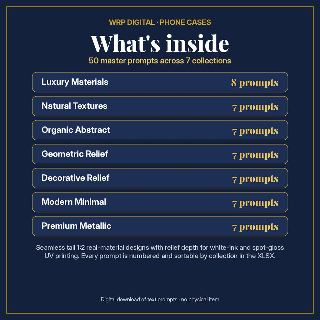 What's inside the Texture Starter Pack: Luxury Materials 8 prompts, Natural Textures 7 prompts, Organic Abstract 7 prompts, Geometric Relief 7 prompts, Decorative Relief 7 prompts, Modern Minimal 7 prompts, Premium Metallic 7 prompts (50 in total)