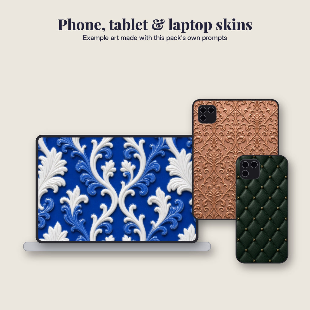 Flat mockup of a laptop skin, tablet case and phone case with example art made with the Texture Starter Pack prompts #35, #47, #2