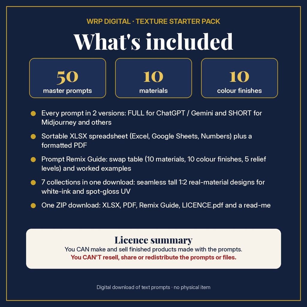 What's included in the Texture Starter Pack: 50 master prompts, 10 materials, 10 colour finishes, XLSX and PDF, Prompt Remix Guide and licence summary