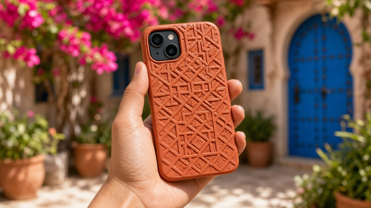 Phone Case Starter prompts: example raised UV relief phone case in terracotta, held in a sunny courtyard