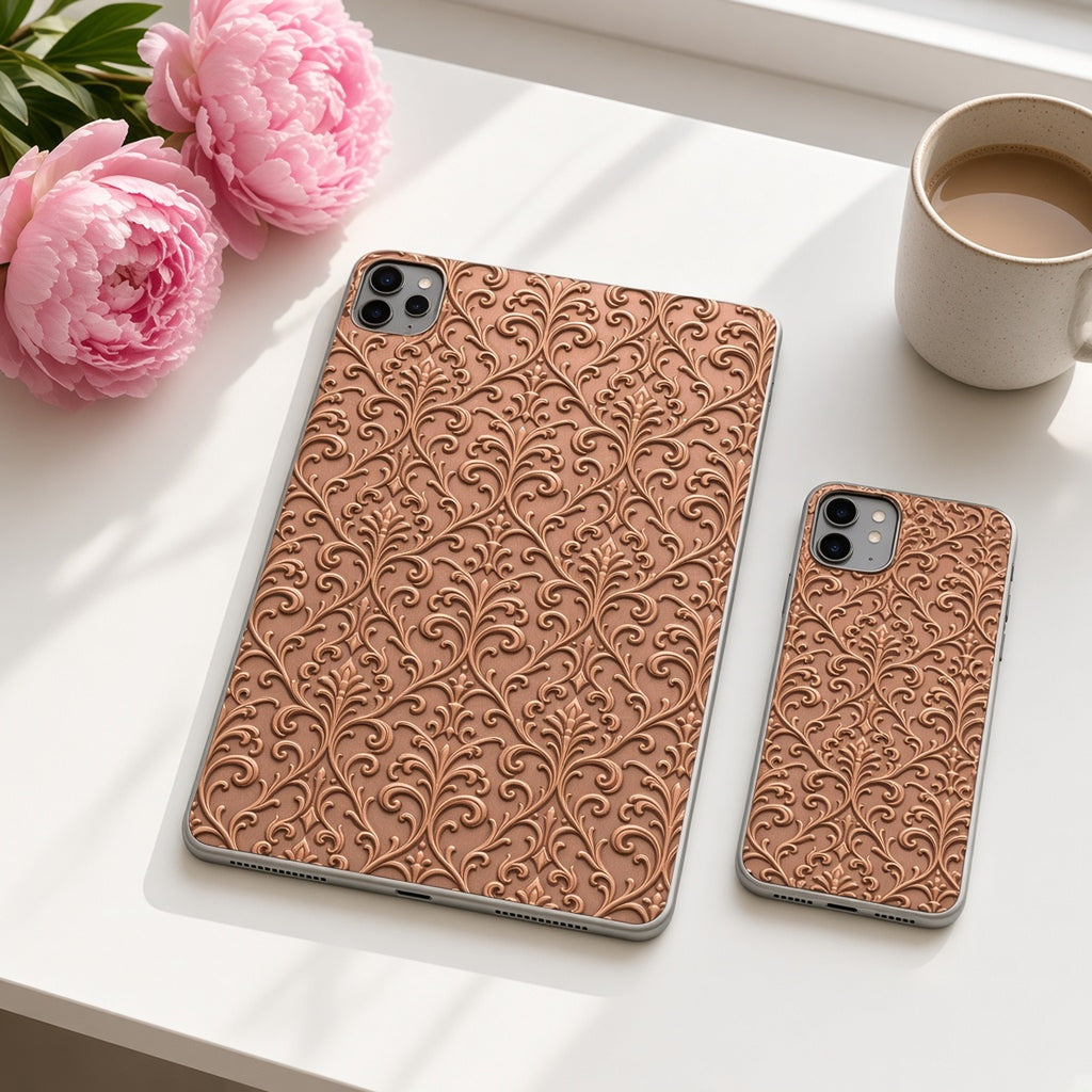Tablet and phone cases in an antique brass filigree relief on rose-gold plate on a white desk with peonies, made with prompt #47