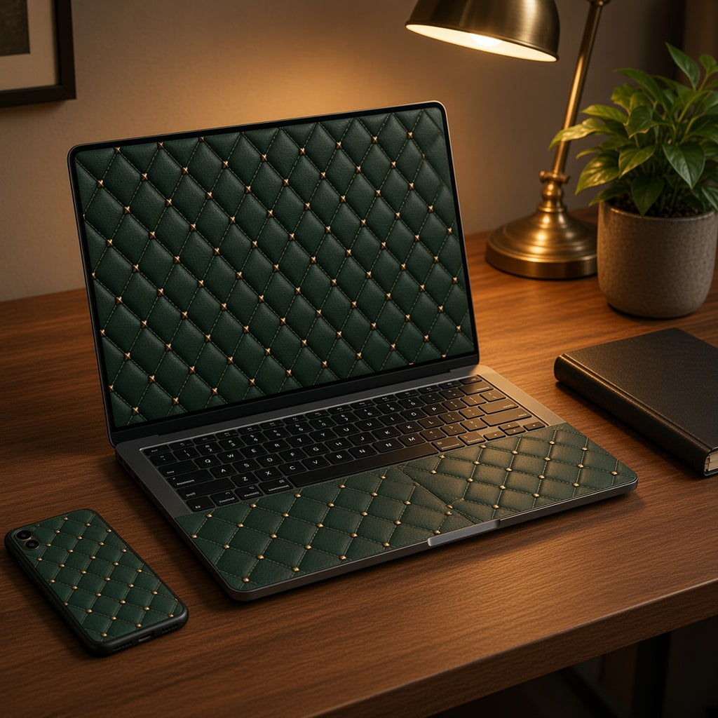 Laptop skin and phone case in forest-green quilted leather diamonds on a walnut desk under a brass lamp, made with prompt #2