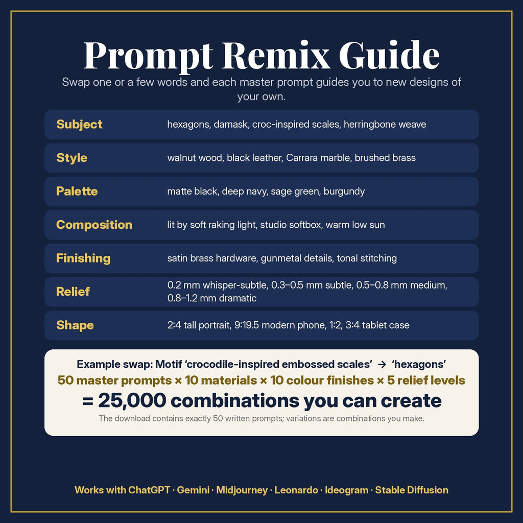 Prompt Remix Guide for the Texture Starter Pack: 50 master prompts × 10 materials × 10 colour finishes × 5 relief levels = 25,000 combinations, and what to change