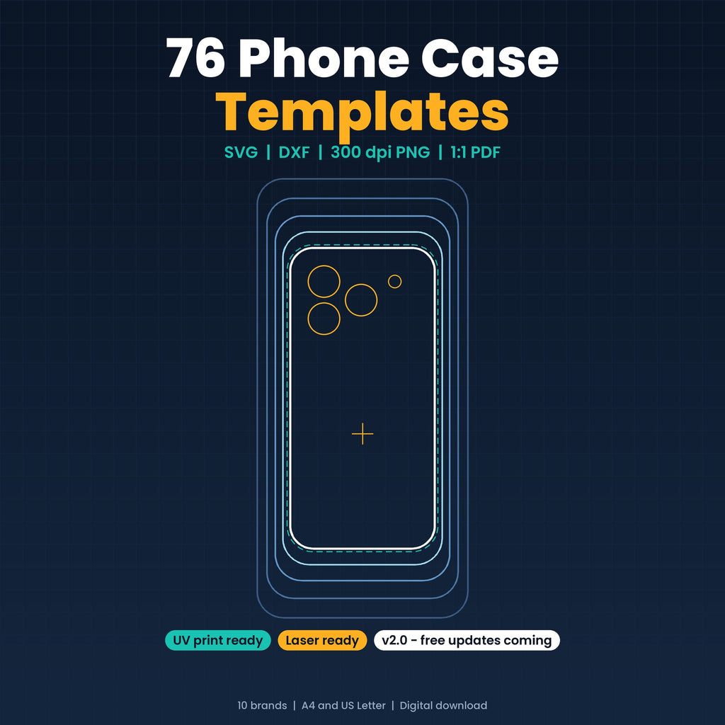 Title graphic reading 76 Phone Case Templates, with nested phone case outlines and a dashed suggested case blank, for UV printing, sublimation and laser cutting