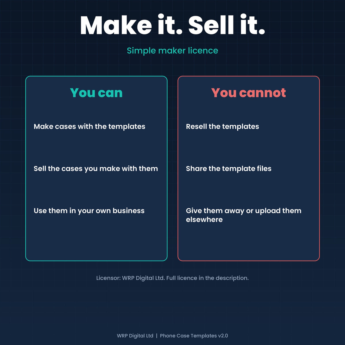 Maker licence: you can make cases and sell the cases you make; you cannot resell or share the template files