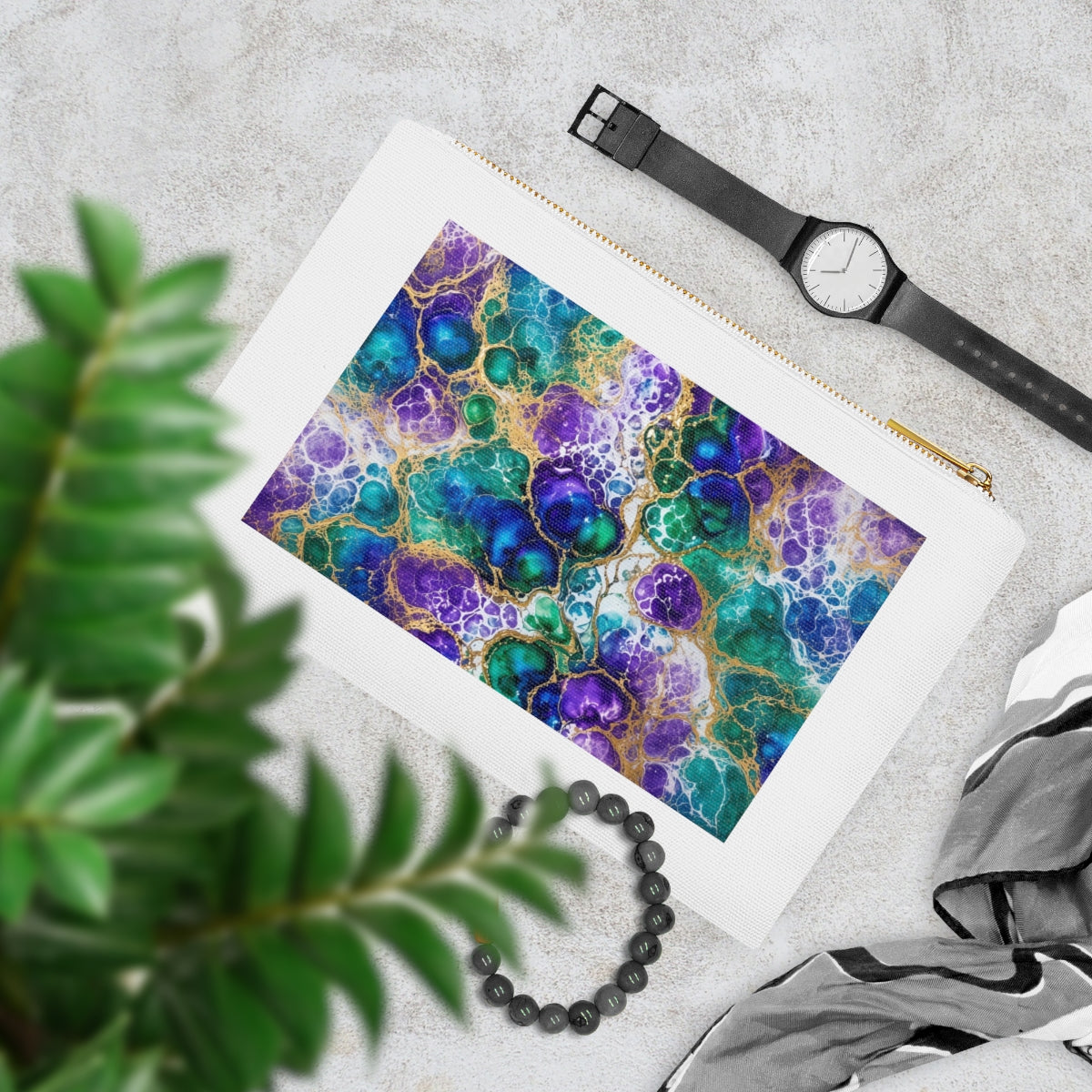 Peacock Acrylic Pour Cells Canvas Cosmetic Bag – White