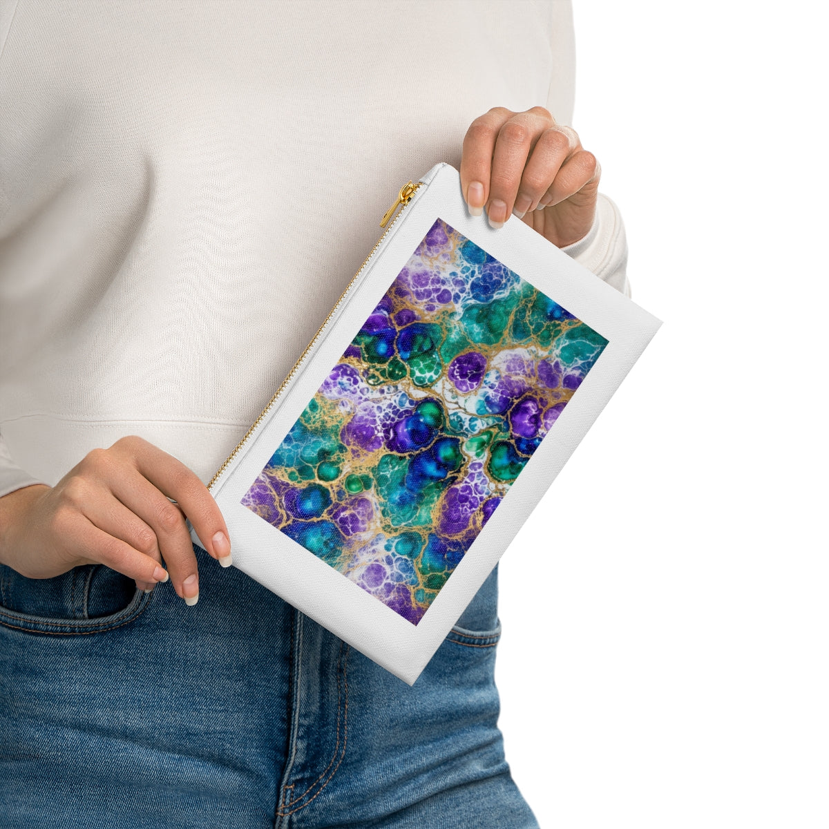 Peacock Acrylic Pour Cells Canvas Cosmetic Bag – White