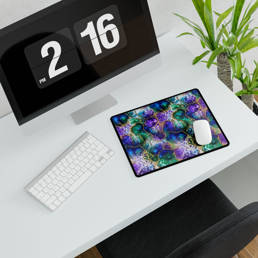 Peacock Acrylic Pour Cells Desk Mat – 14.4 × 12.1