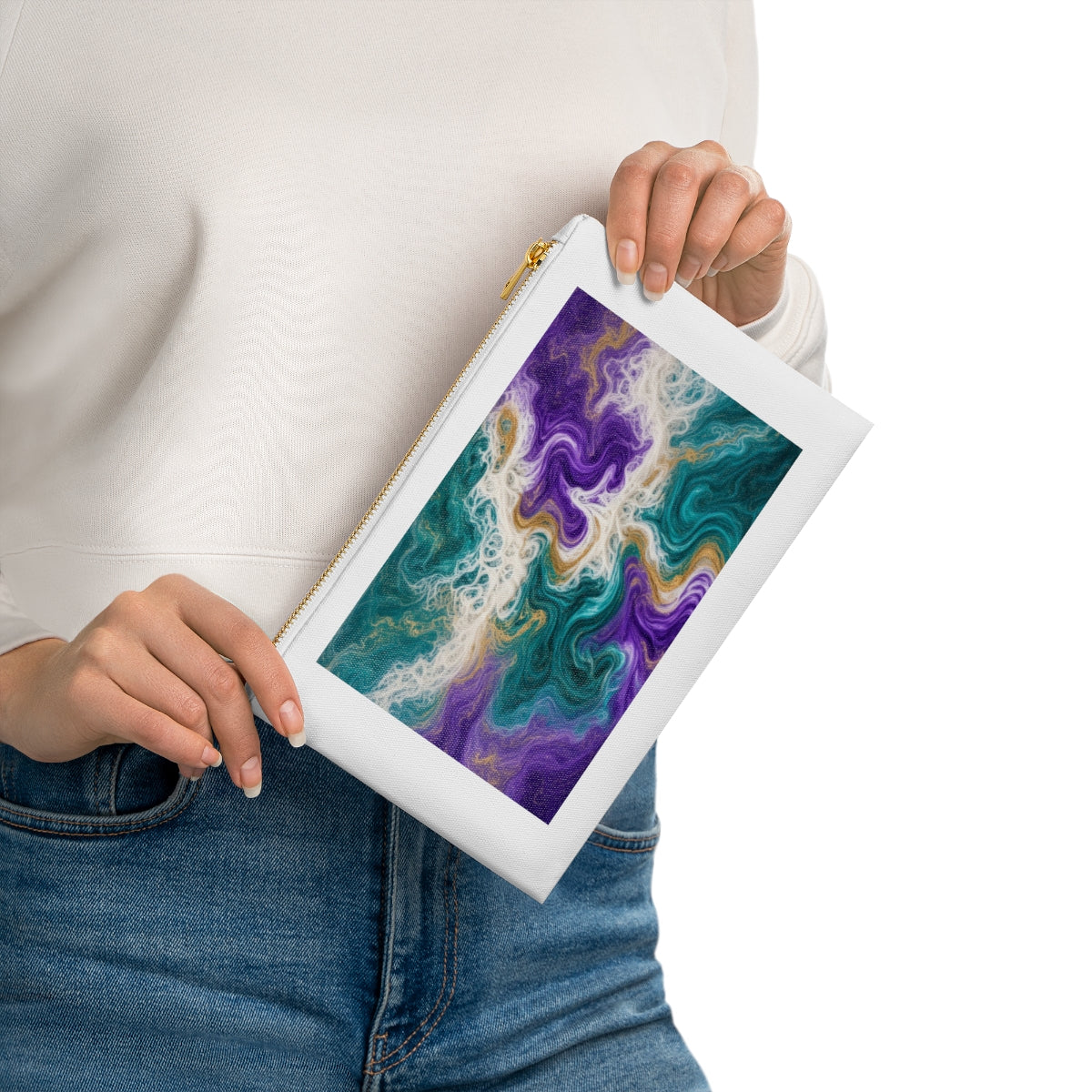 Peacock Resin Wave Canvas Cosmetic Bag – White