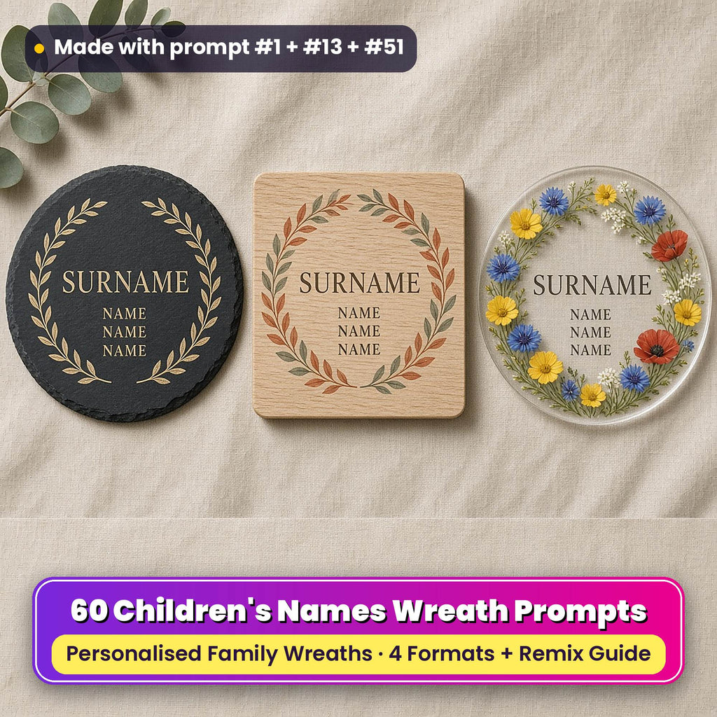 Children's Names Wreath prompt pack title card: a round black slate coaster with a gold laurel wreath, a square oak board with a terracotta and sage leaf wreath and a clear acrylic plaque with a wildflower wreath, each reading SURNAME with three NAME placeholders, made with prompt #1 + #13 + #51