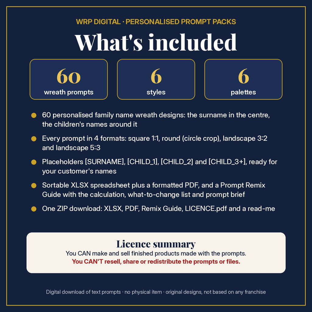 What's included: 60 wreath prompts, 6 styles, 6 palettes, 4 formats (square, round, 3:2, 5:3), name placeholders, XLSX and PDF, Prompt Remix Guide, ZIP, and a licence summary