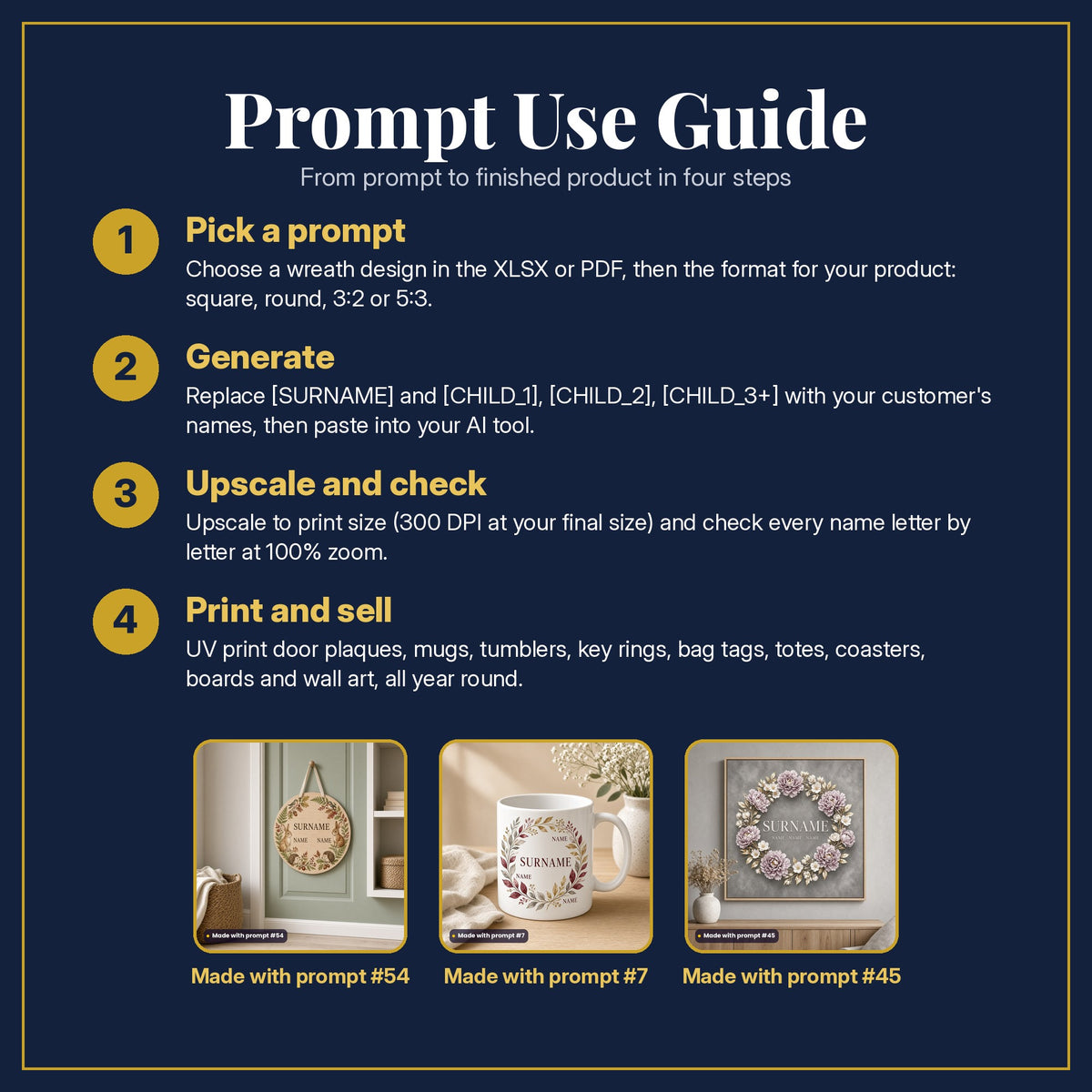 Prompt Use Guide in four steps: pick a prompt, generate, upscale and check, print and sell, with example products made with prompts #54, #7 and #45
