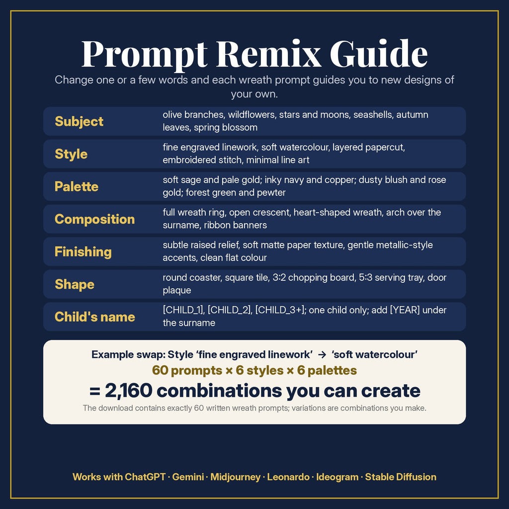 Prompt Remix Guide: change subject, style, palette, composition, finishing, shape and the children's names; 60 prompts × 6 styles × 6 palettes = 2,160 combinations you can create