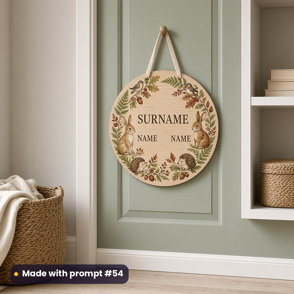 Round wooden door plaque on a sage bedroom door printed with a woodland wreath of ferns, acorns, rabbits, hedgehogs and birds around SURNAME and two NAME placeholders, made with prompt #54