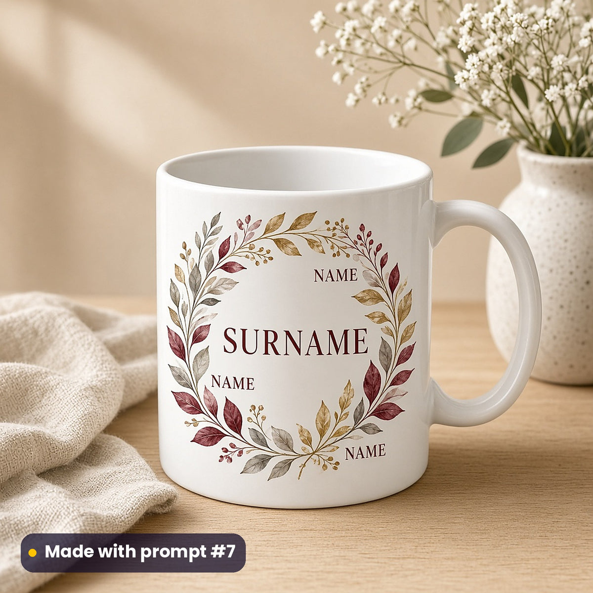 White mug printed with a soft watercolour wreath of burgundy, gold and grey leaves around SURNAME and three NAME placeholders, beside a linen cloth and gypsophila, made with prompt #7