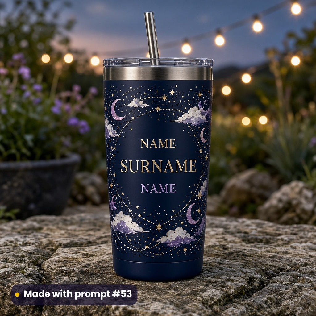 Navy tumbler printed with a ring of gold stars, crescent moons and lilac clouds around SURNAME and two NAME placeholders, on a garden stone at dusk with string lights, made with prompt #53
