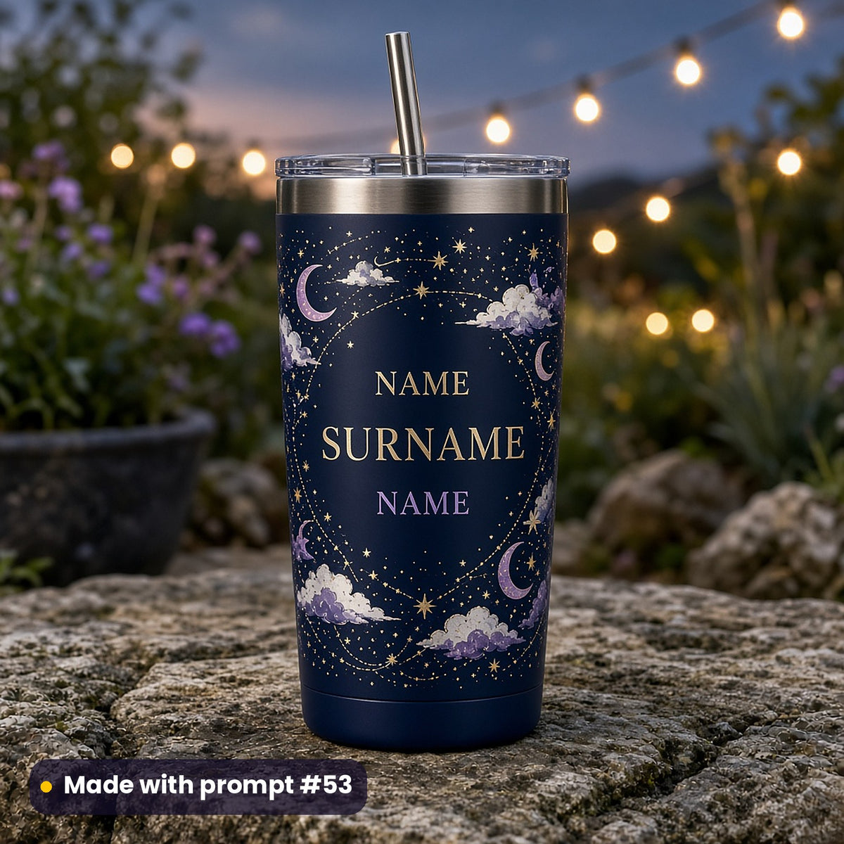 Navy tumbler printed with a ring of gold stars, crescent moons and lilac clouds around SURNAME and two NAME placeholders, on a garden stone at dusk with string lights, made with prompt #53