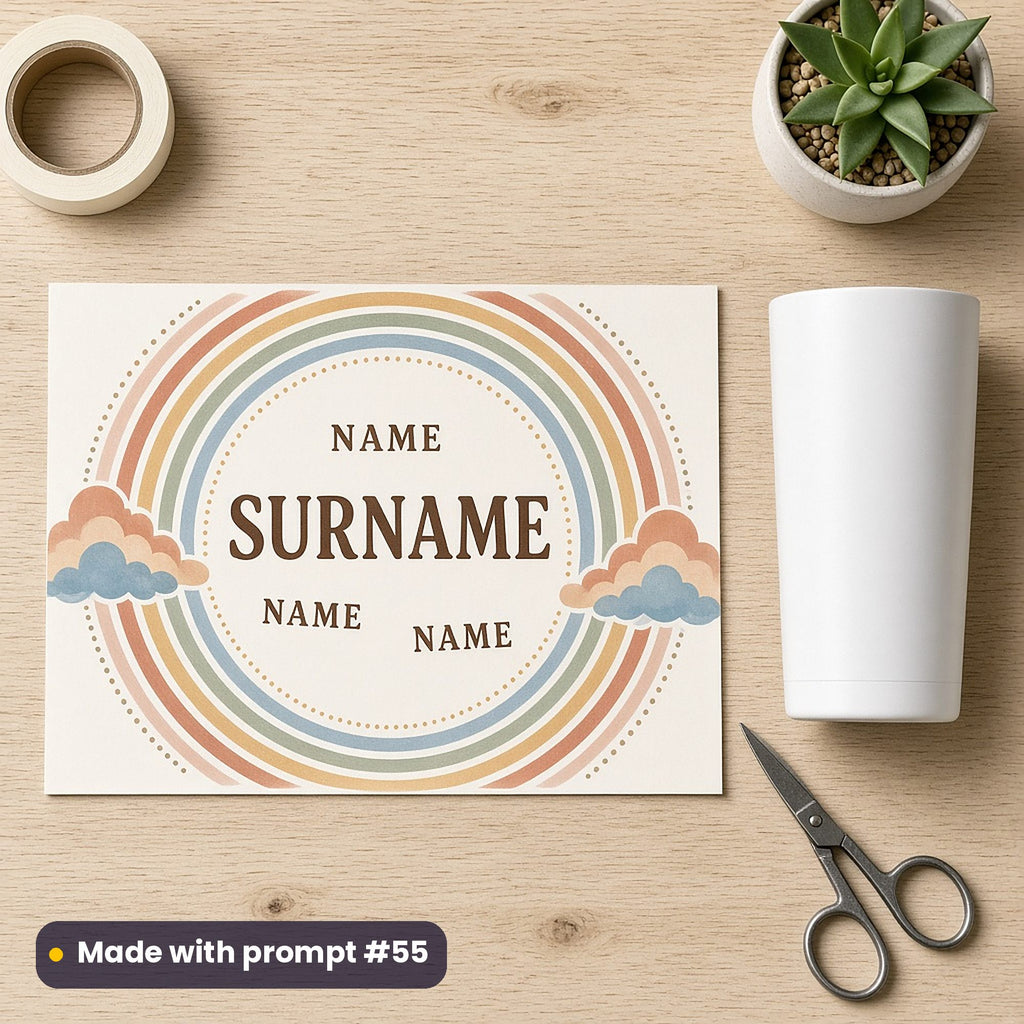 Flat printed tumbler wrap with soft terracotta, mustard, sage and dusty blue rainbow arcs and clouds around SURNAME and three NAME placeholders, beside a white tumbler, tape, scissors and a succulent, made with prompt #55