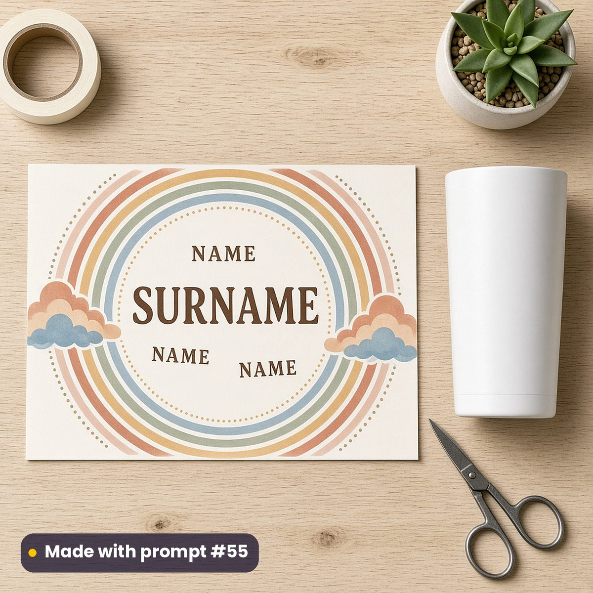 Flat printed tumbler wrap with soft terracotta, mustard, sage and dusty blue rainbow arcs and clouds around SURNAME and three NAME placeholders, beside a white tumbler, tape, scissors and a succulent, made with prompt #55