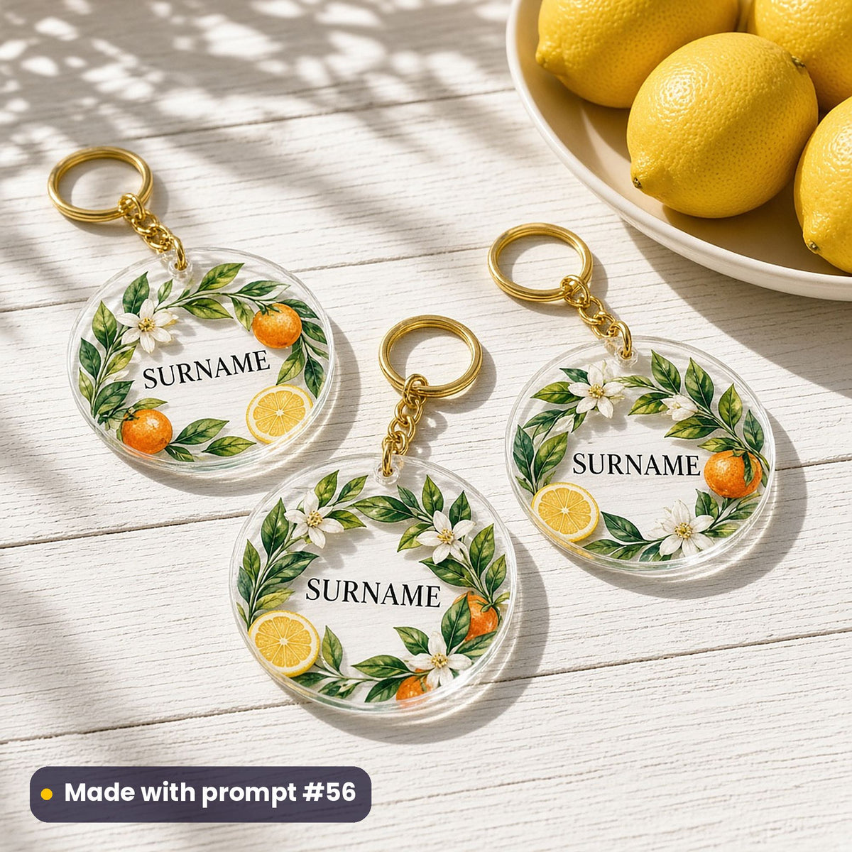 Three round clear acrylic key rings printed with a citrus wreath of oranges, lemon slices, blossoms and leaves around SURNAME, on a sunny white table with a bowl of lemons, made with prompt #56