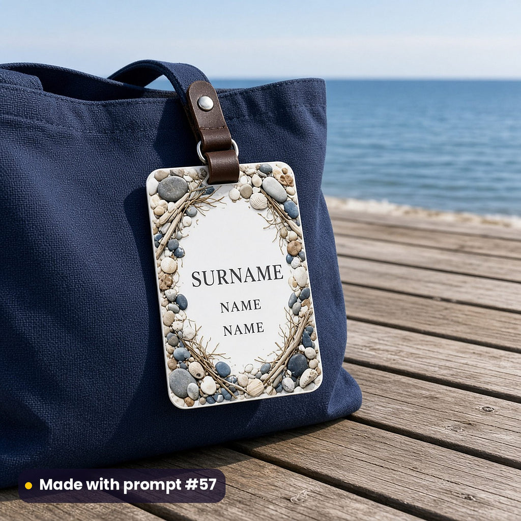 Acrylic bag tag on a navy beach bag printed with a frame of beach pebbles, shells and driftwood around SURNAME and two NAME placeholders, on a boardwalk by the sea, made with prompt #57