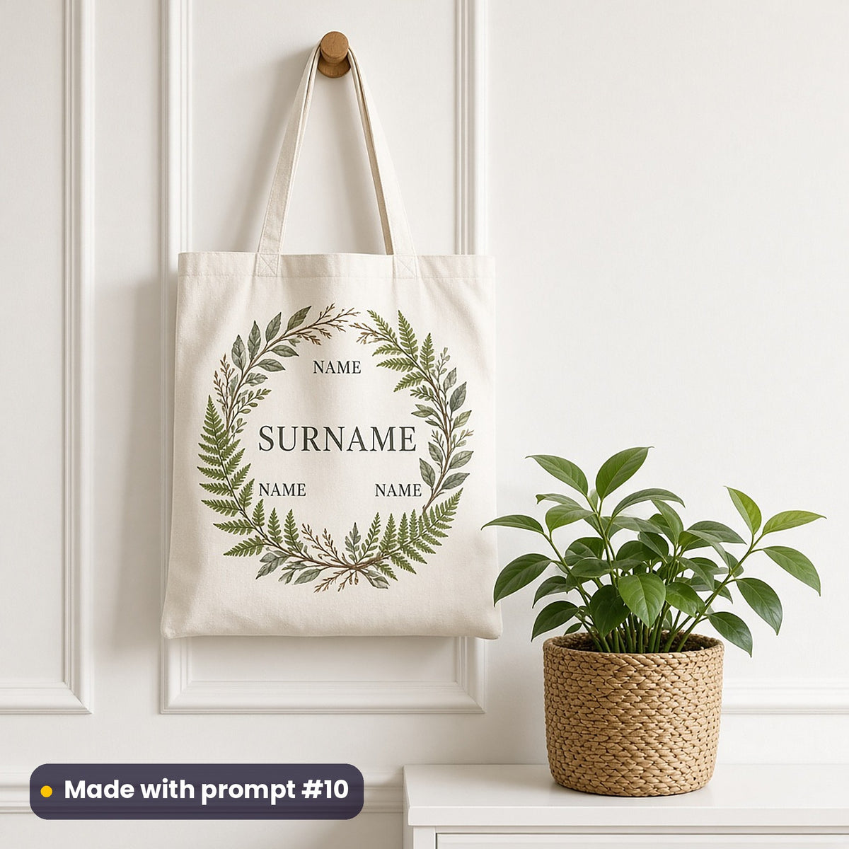 Natural cotton tote bag on a wooden peg printed with a fern and branch wreath in forest green and pewter around SURNAME and three NAME placeholders, beside a potted plant, made with prompt #10