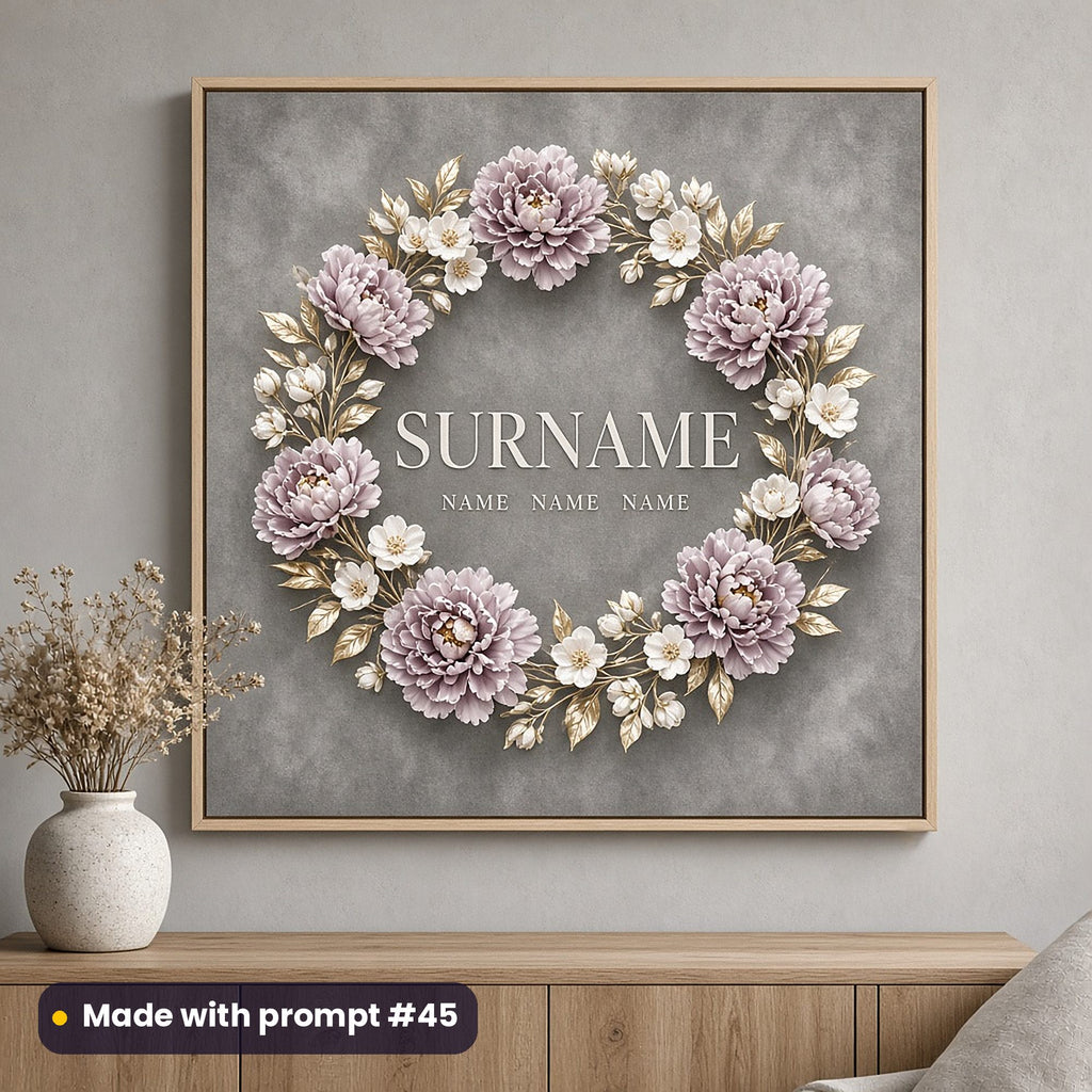 Framed full-bleed print on smoke grey with a wreath of lilac peonies, white blossoms and pale gold leaves around SURNAME and three NAME placeholders, above an oak sideboard with dried flowers, made with prompt #45