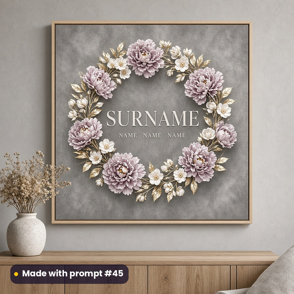 Framed full-bleed print on smoke grey with a wreath of lilac peonies, white blossoms and pale gold leaves around SURNAME and three NAME placeholders, above an oak sideboard with dried flowers, made with prompt #45