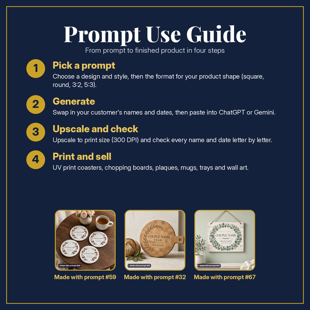 Prompt Use Guide in four steps: pick a prompt, generate, upscale and check, print and sell, with example products made with prompt #59, prompt #32, prompt #67
