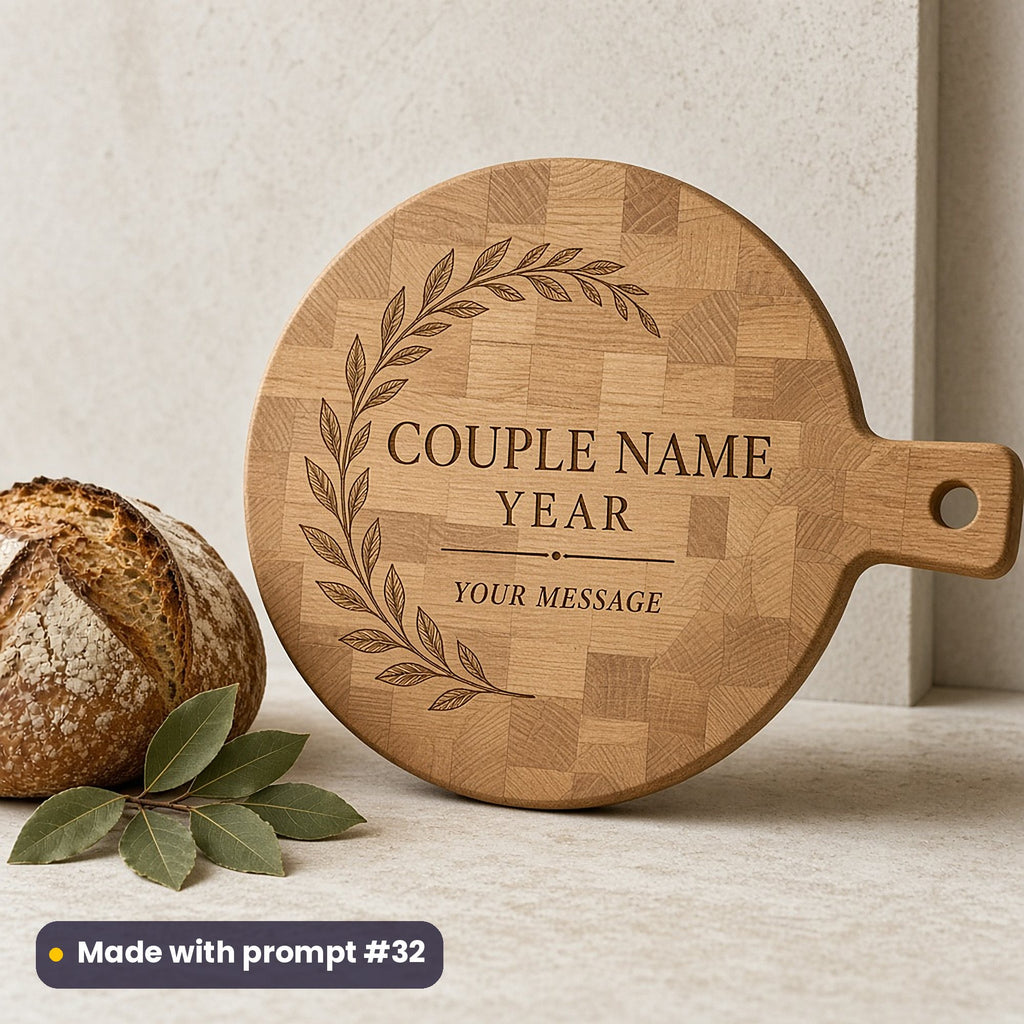 Round oak paddle board engraved with a leafy crescent around COUPLE NAME, YEAR and YOUR MESSAGE placeholder text, beside sourdough and bay leaves, made with prompt #32
