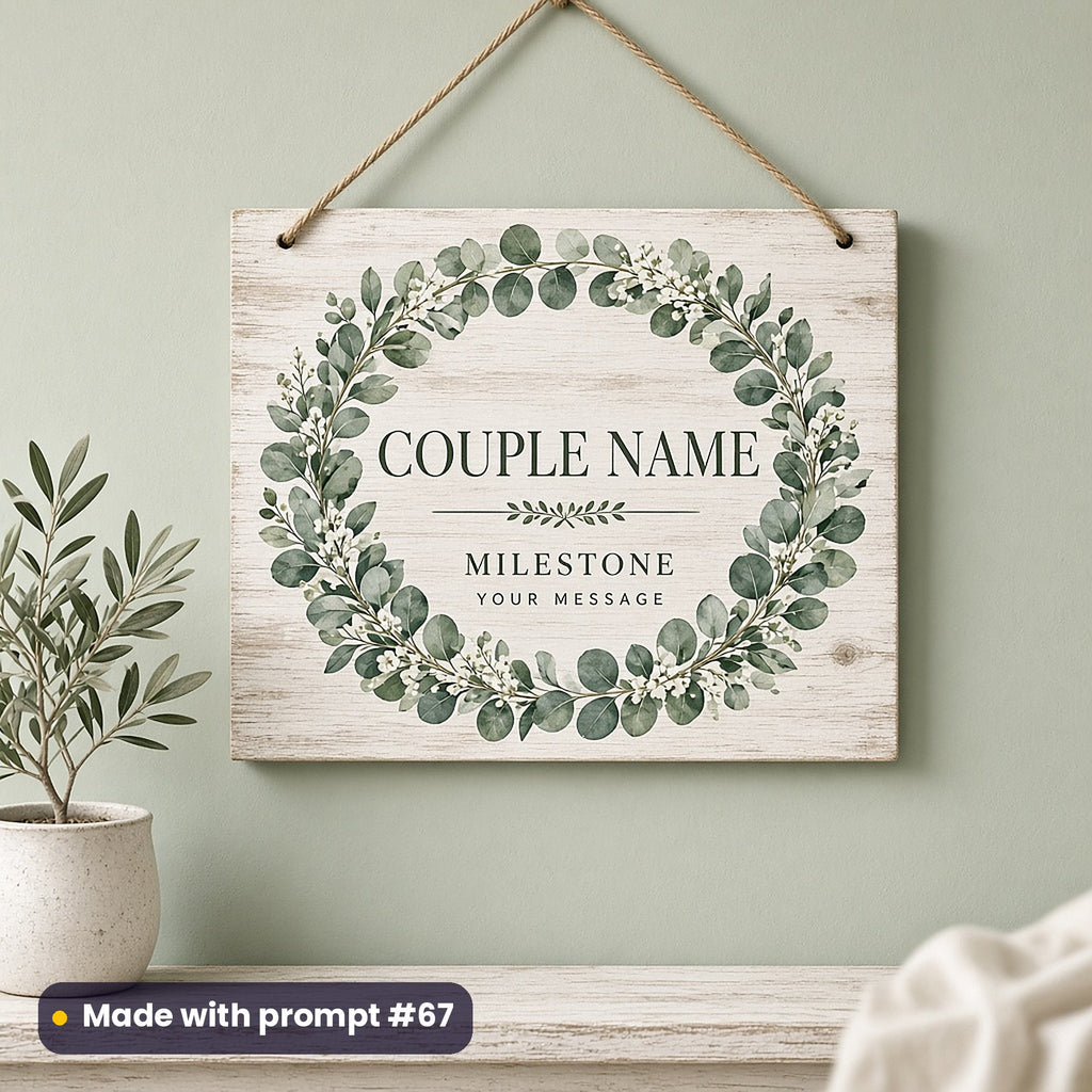 Whitewashed hanging plaque printed with a eucalyptus wreath around COUPLE NAME, MILESTONE and YOUR MESSAGE placeholder text, on a sage wall, made with prompt #67